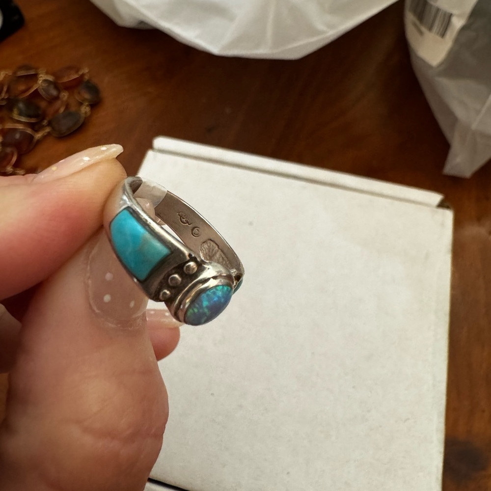 Turquoise/Opal And Sterling Signed Native Ring
